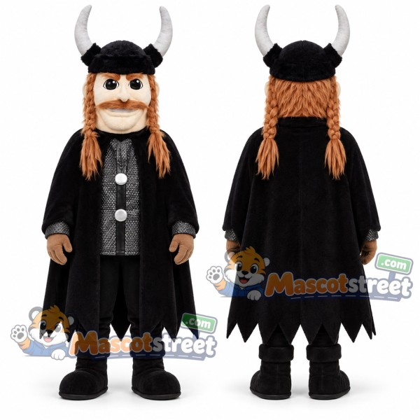 Viking Mascot Costume with Black Outfit, Black Cape and Horned Helmet