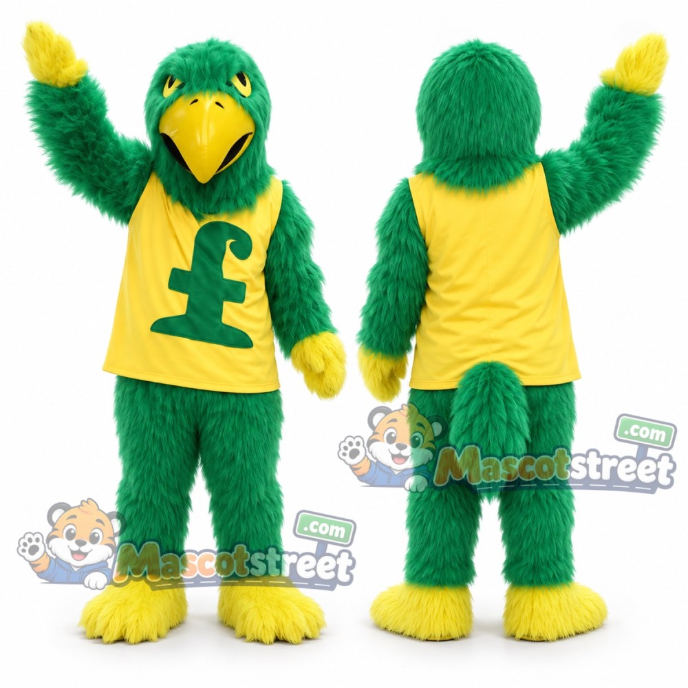 Green Falcon Mascot Costume with Yellow Shirt