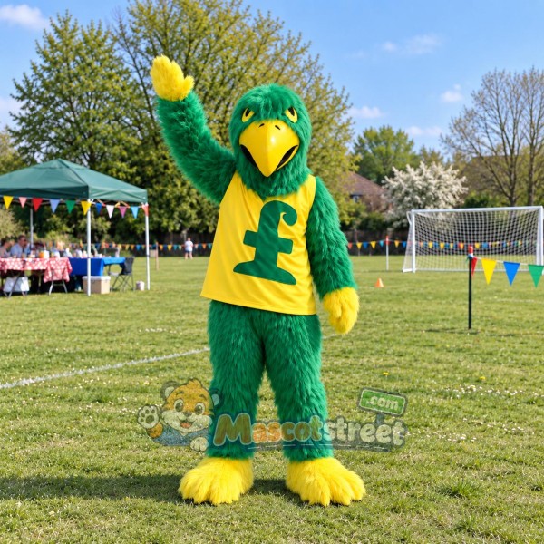 Green Falcon Mascot Costume with Yellow Shirt Green Falcon Mascot Costume with Yellow Shirt