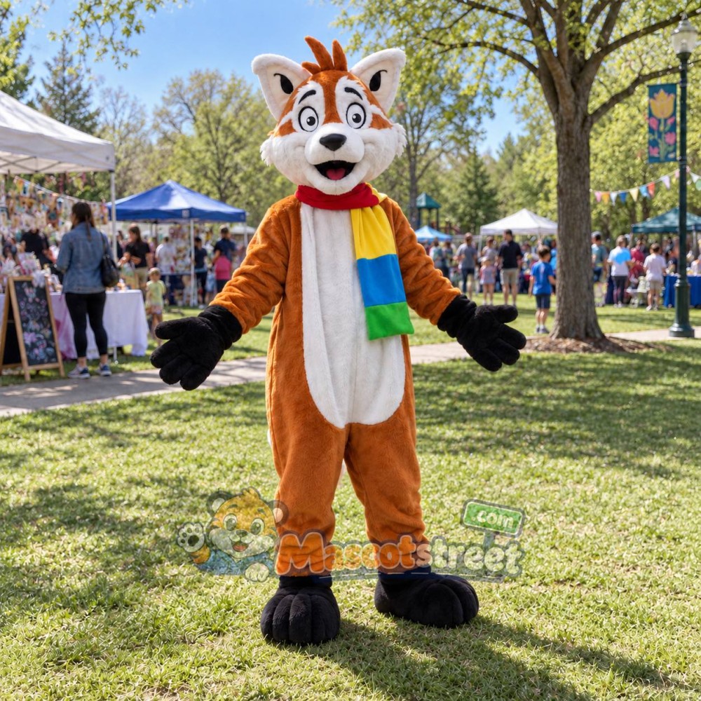 Orange Fox Mascot Costume with Multicolor Scarf Orange Fox Mascot Costume with Multicolor Scarf