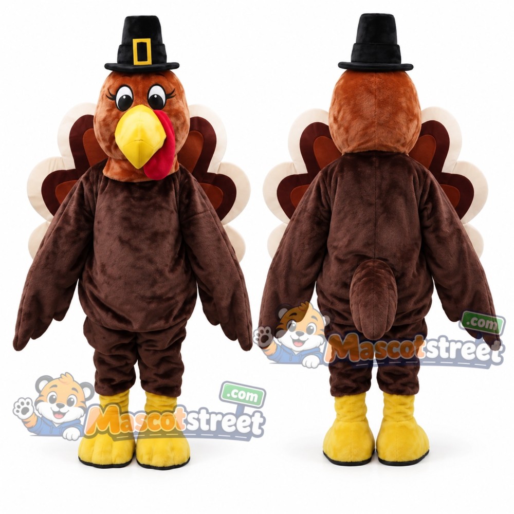 Brown Turkey Mascot Costume with Black Pilgrim Hat Brown Turkey Mascot Costume with Black Pilgrim Hat