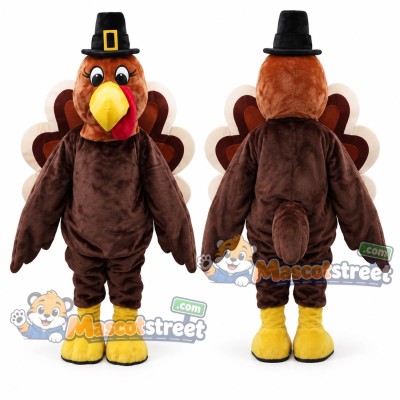 Brown Turkey Mascot Costume with Black Pilgrim Hat Brown Turkey Mascot Costume with Black Pilgrim Hat