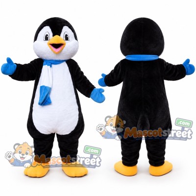 Black and White Penguin Mascot Costume with Blue Scarf Black and White Penguin Mascot Costume with Blue Scarf