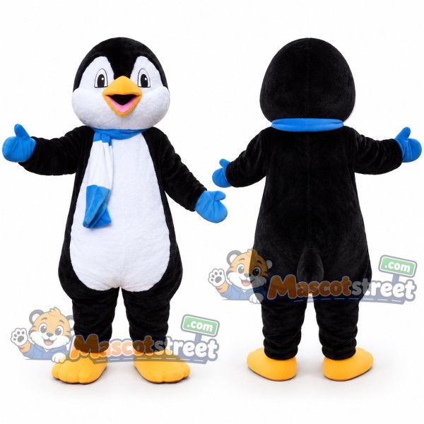 Black and White Penguin Mascot Costume with Blue Scarf