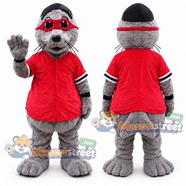 Gray Seal Mascot Costume with Red Shirt, Red Headband and Goggles