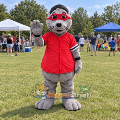 Gray Seal Mascot Costume with Red Shirt, Red Headband and Goggles Gray Seal Mascot Costume with Red Shirt, Red Headband and Goggles