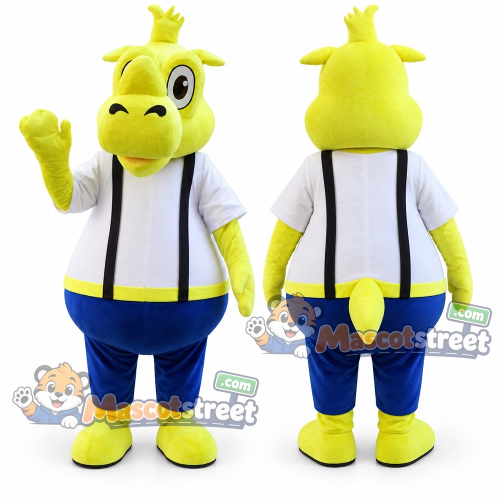 Yellow Rhinoceros Mascot Costume with White Shirt, Suspenders and Blue Shorts