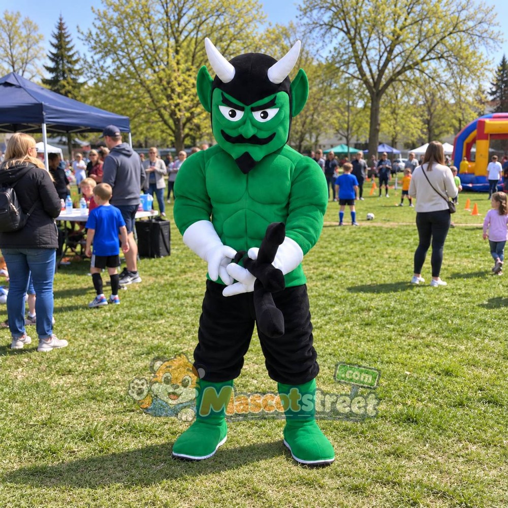 Green Devil Mascot Costume with Black Shorts Green Devil Mascot Costume with Black Shorts