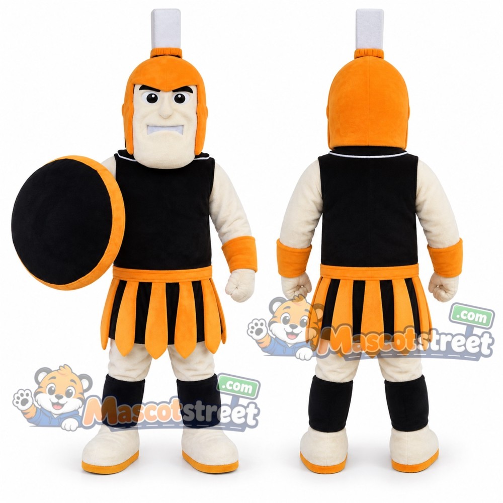 Spartan Warrior Mascot Costume with Black and Orange Armor and Helmet Spartan Warrior Mascot Costume with Black and Orange Armor and Helmet