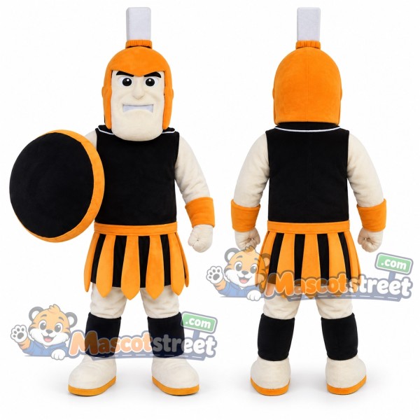 Spartan Warrior Mascot Costume with Black and Orange Armor and Helmet