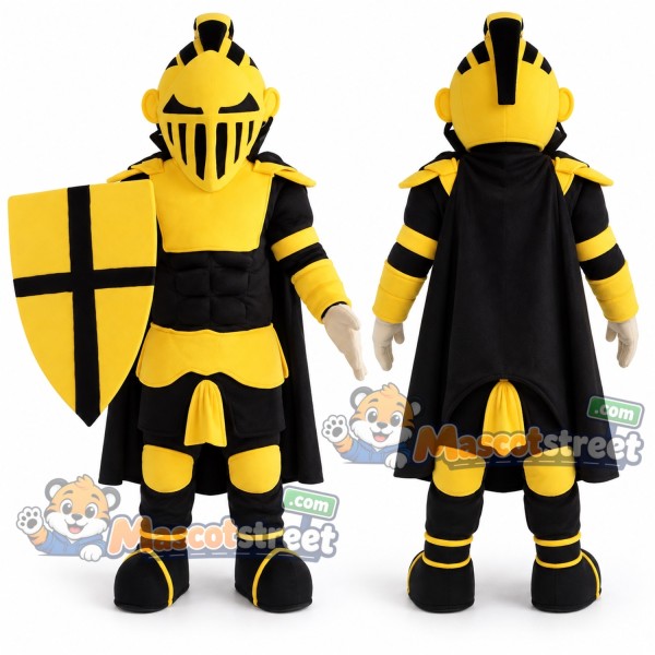 Knight Mascot Costume with Black and Yellow Armor and Helmet