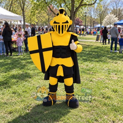 Knight Mascot Costume with Black and Yellow Armor and Helmet