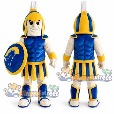 Spartan Warrior Mascot Costume with Blue and Yellow Armor and Helmet Spartan Warrior Mascot Costume with Blue and Yellow Armor and Helmet