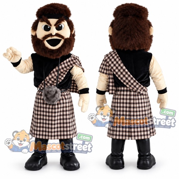 Highland Warrior Mascot Costume with Tartan Kilt and Black Shirt