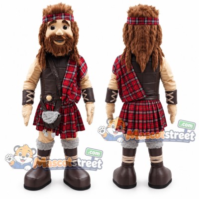 Highland Warrior Mascot Costume with Tartan Kilt and Dark Vest
