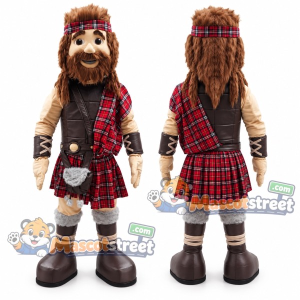 Highland Warrior Mascot Costume with Tartan Kilt and Dark Vest