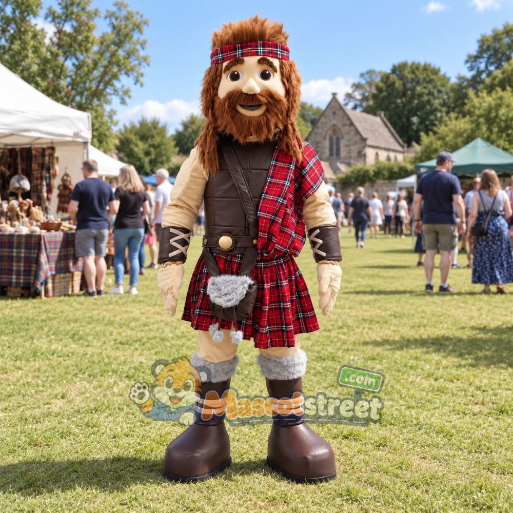 Highland Warrior Mascot Costume with Tartan Kilt and Dark Vest Highland Warrior Mascot Costume with Tartan Kilt and Dark Vest