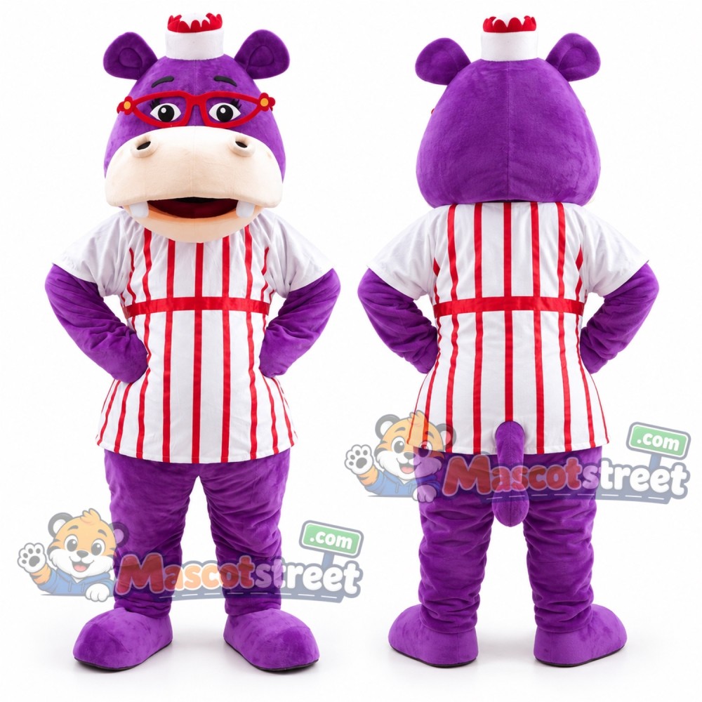 Purple Hippopotamus Mascot Costume with Striped Shirt and Purple Cap Purple Hippopotamus Mascot Costume with Striped Shirt and Purple Cap