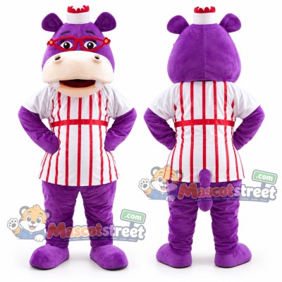 Purple Hippopotamus Mascot Costume with Striped Shirt and Purple Cap Purple Hippopotamus Mascot Costume with Striped Shirt and Purple Cap