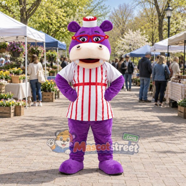 Purple Hippopotamus Mascot Costume with Striped Shirt and Purple Cap