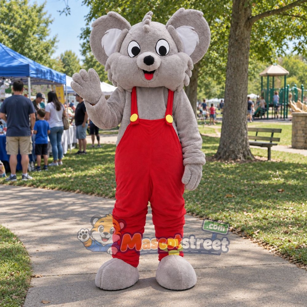 Gray Koala Mascot Costume with Red Overalls Gray Koala Mascot Costume with Red Overalls