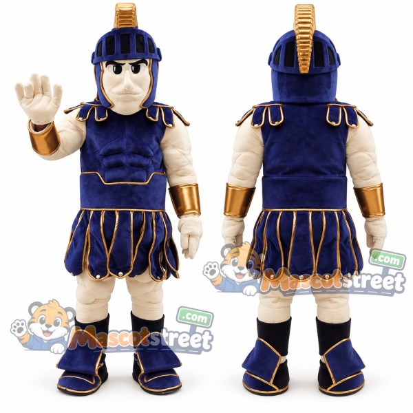 Spartan Warrior Mascot Costume with Navy and Gold Armor and Helmet