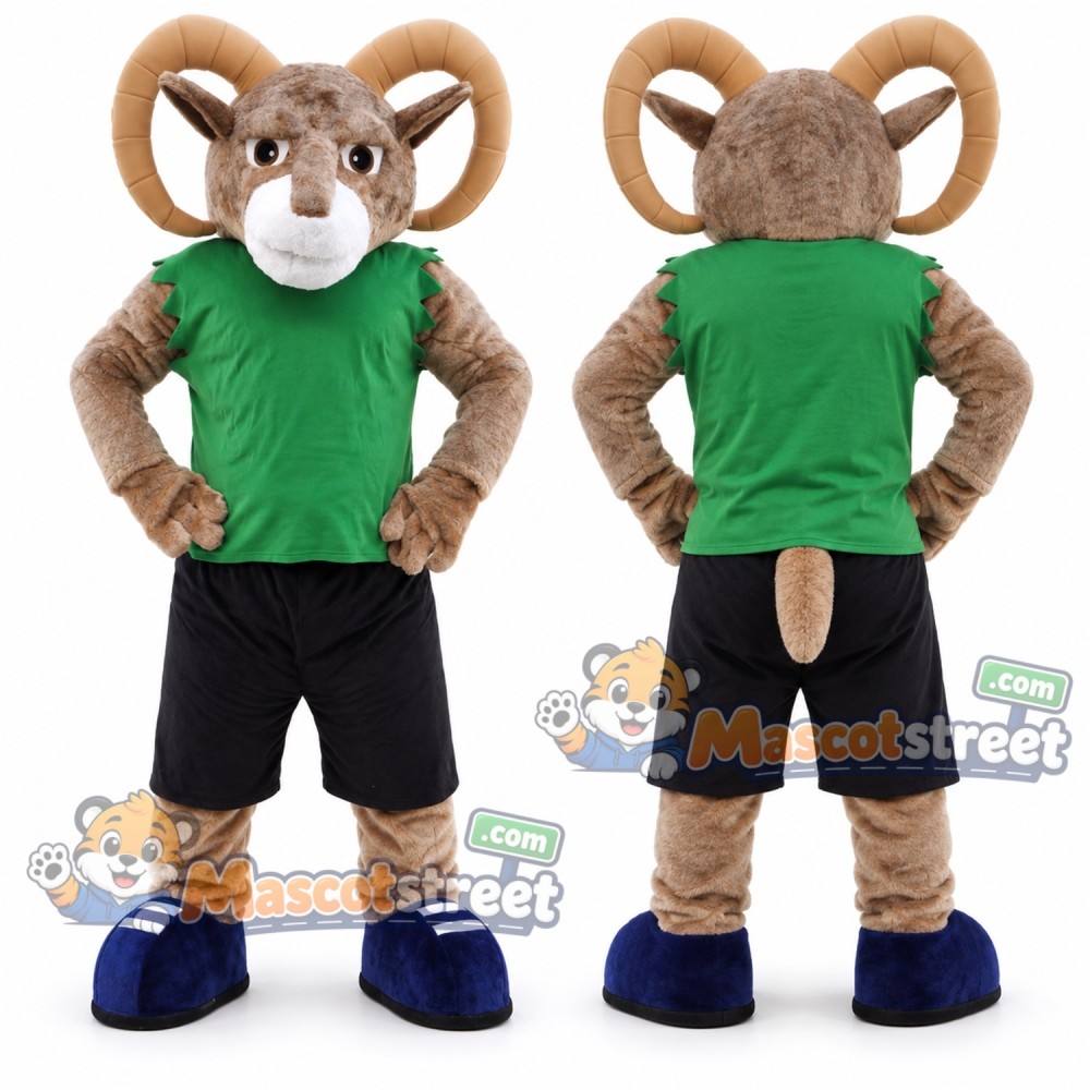 Brown Ram Mascot Costume with Green Shirt and Black Shorts