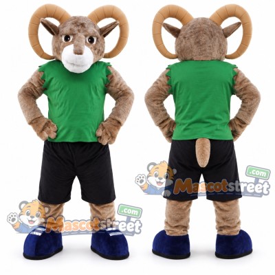 Brown Ram Mascot Costume with Green Shirt and Black Shorts