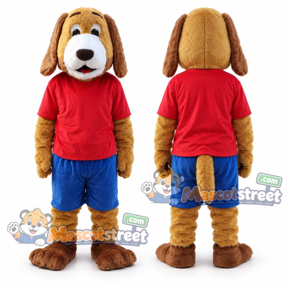 Brown Dog Mascot Costume with Red Shirt and Blue Shorts