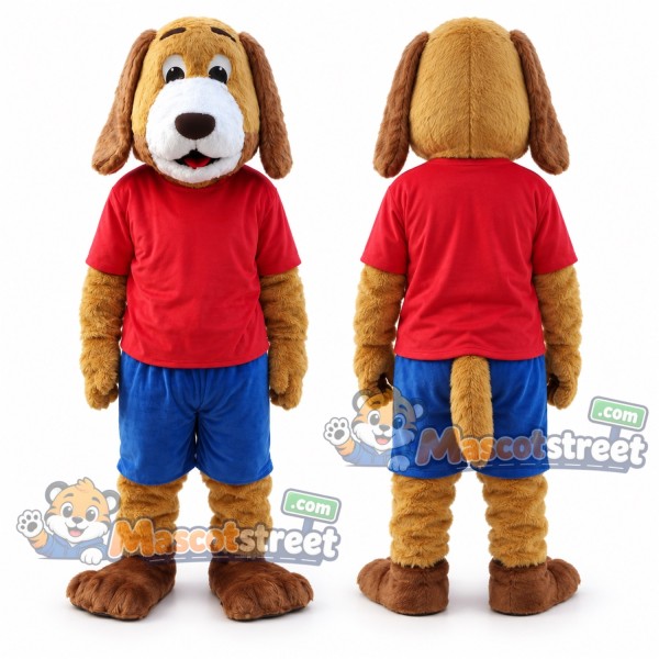 Brown Dog Mascot Costume with Red Shirt and Blue Shorts