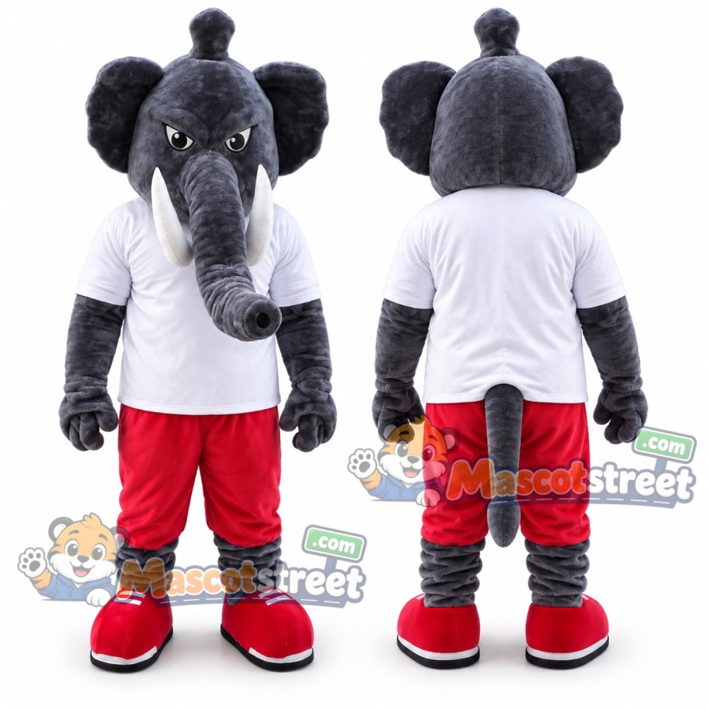Gray Elephant Mascot Costume with White Shirt and Red Pants Gray Elephant Mascot Costume with White Shirt and Red Pants