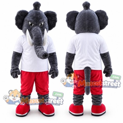 Gray Elephant Mascot Costume with White Shirt and Red Pants Gray Elephant Mascot Costume with White Shirt and Red Pants