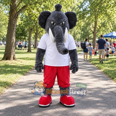 Gray Elephant Mascot Costume with White Shirt and Red Pants