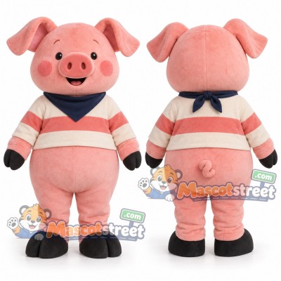 Pink Pig Mascot Costume with Cream and Pink Striped Sweater