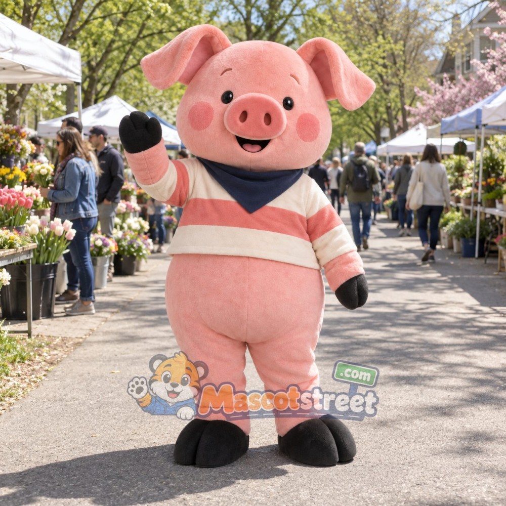 Pink Pig Mascot Costume with Cream and Pink Striped Sweater Pink Pig Mascot Costume with Cream and Pink Striped Sweater