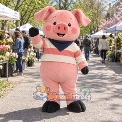 Pink Pig Mascot Costume with Cream and Pink Striped Sweater Pink Pig Mascot Costume with Cream and Pink Striped Sweater