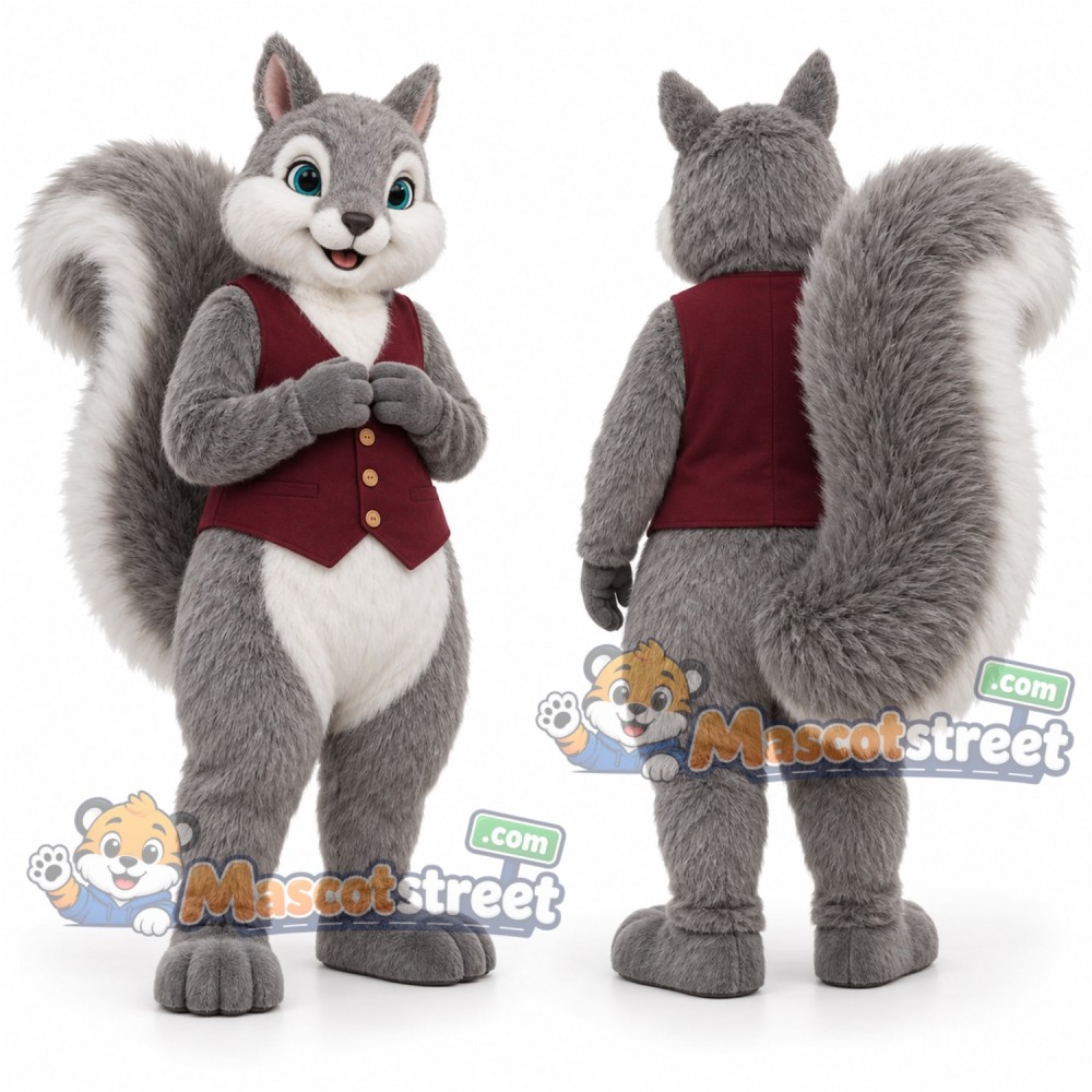 Gray Squirrel Mascot Costume with Burgundy Vest Gray Squirrel Mascot Costume with Burgundy Vest