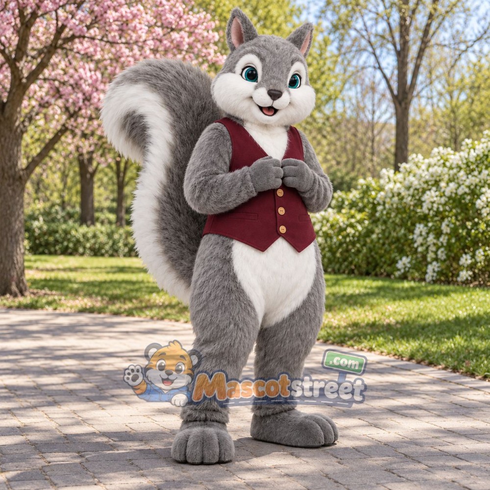 Gray Squirrel Mascot Costume with Burgundy Vest