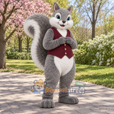 Gray Squirrel Mascot Costume with Burgundy Vest