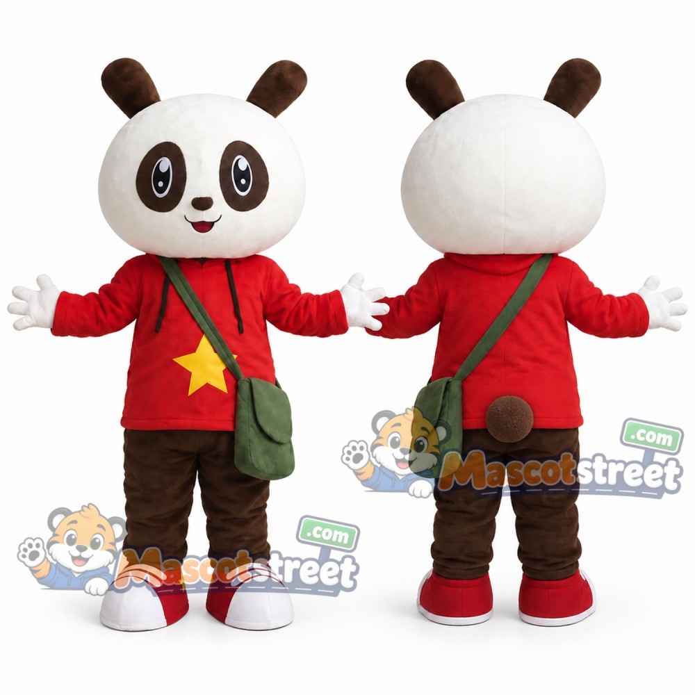 Brown Bear Mascot Costume with Red Jacket and Green Shoulder Bag Brown Bear Mascot Costume with Red Jacket and Green Shoulder Bag