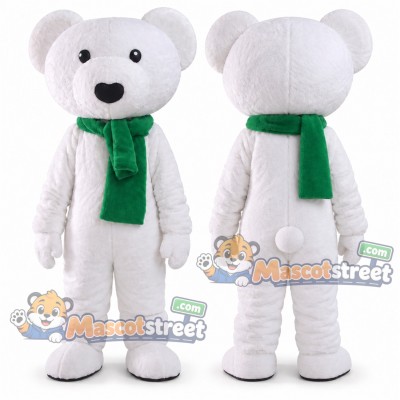 White Bear Mascot Costume with Green Scarf