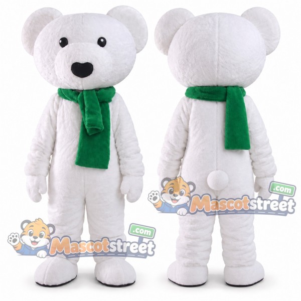 White Bear Mascot Costume with Green Scarf