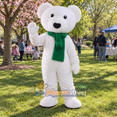 White Bear Mascot Costume with Green Scarf White Bear Mascot Costume with Green Scarf