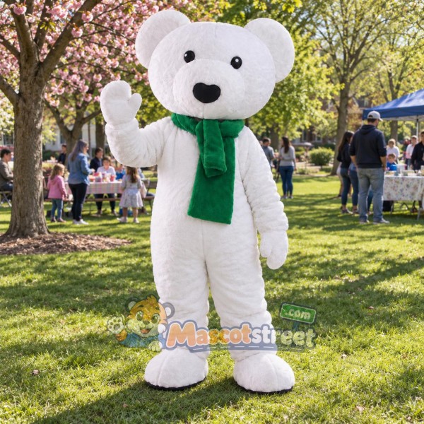 White Bear Mascot Costume with Green Scarf