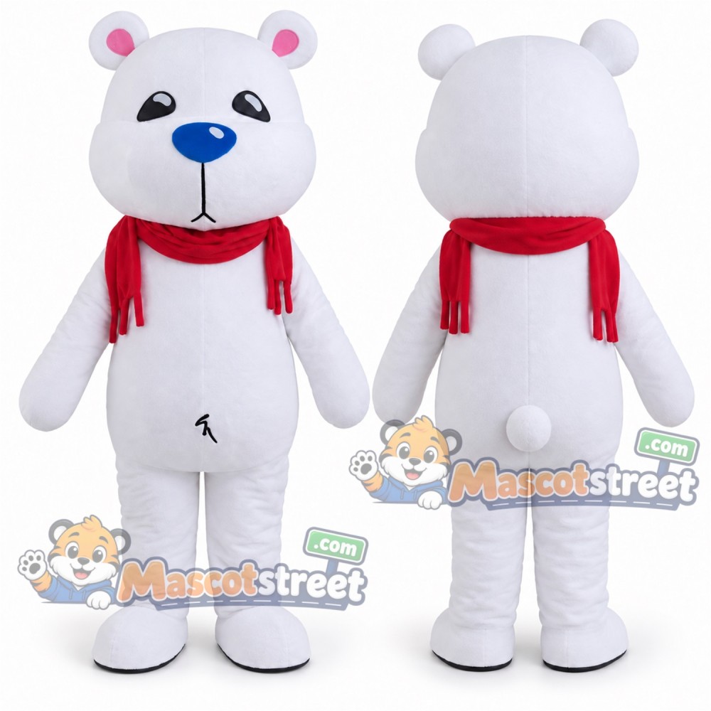 White Bear Mascot Costume with Red Scarf White Bear Mascot Costume with Red Scarf