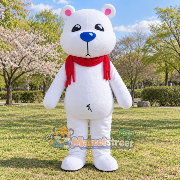 White Bear Mascot Costume with Red Scarf