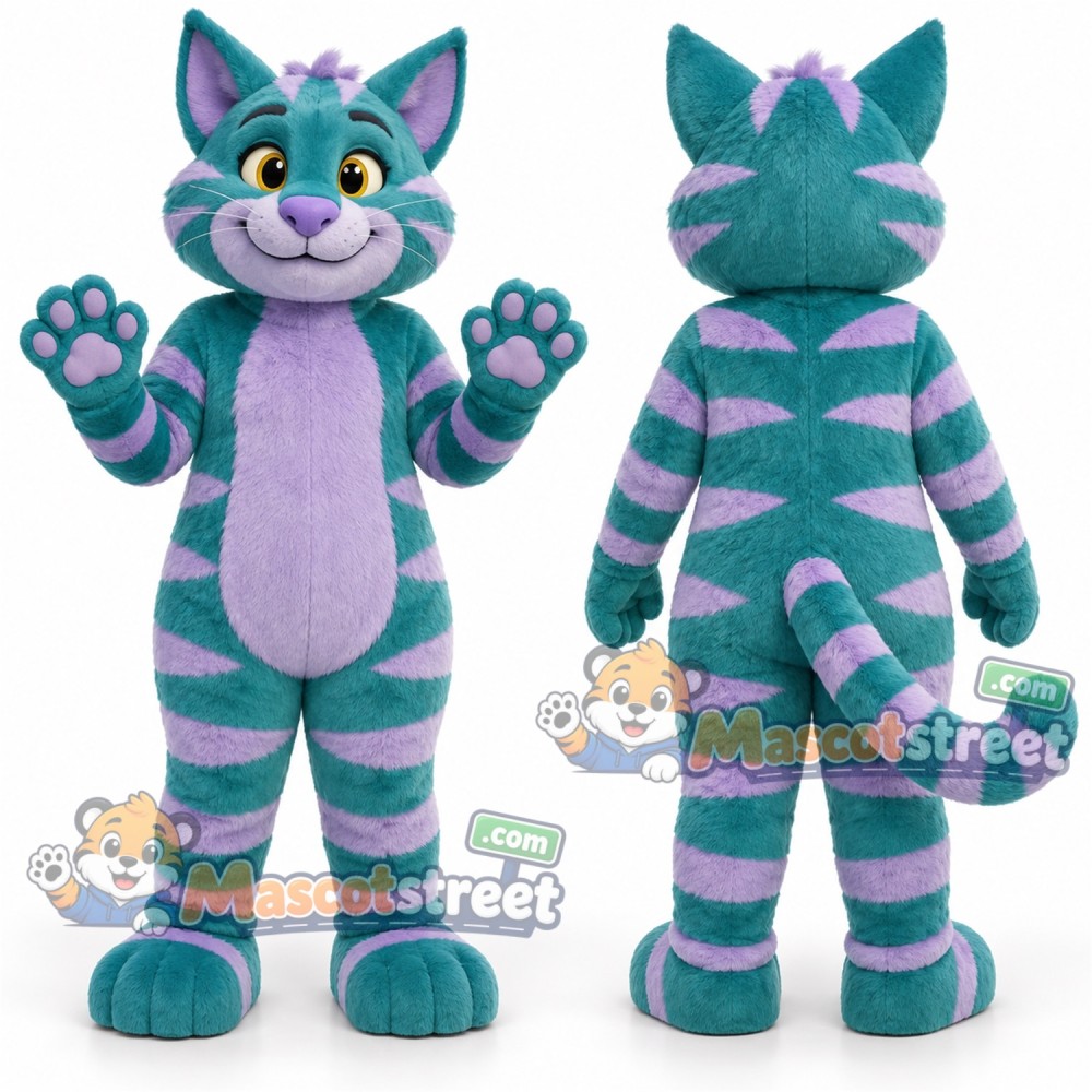 Teal and Purple Striped Cat Mascot Costume Teal and Purple Striped Cat Mascot Costume