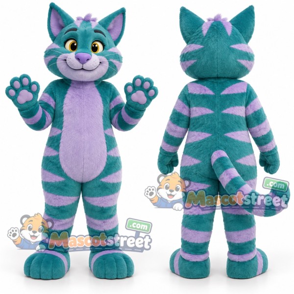 Teal and Purple Striped Cat Mascot Costume