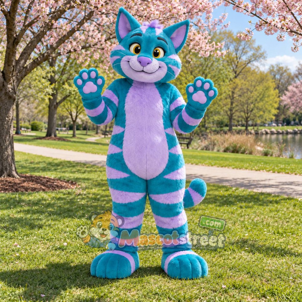 Teal and Purple Striped Cat Mascot Costume Teal and Purple Striped Cat Mascot Costume