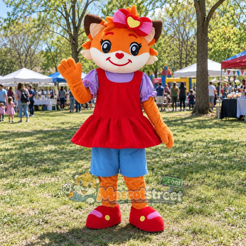 Orange Fox Mascot Costume with Red Dress and Blue Shorts Orange Fox Mascot Costume with Red Dress and Blue Shorts
